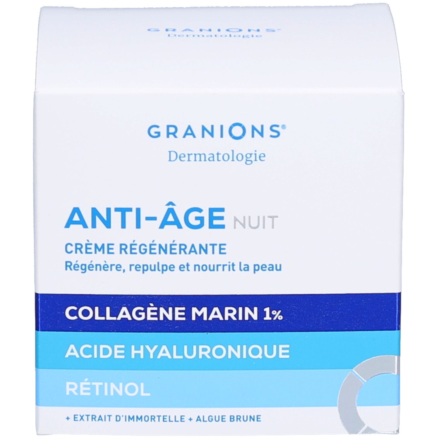 Productverpakking. Opschrift: GRANIONS Dermatologie, ANTI-ÂGE NUIT, Crème régénérante. Ingrediënten.
