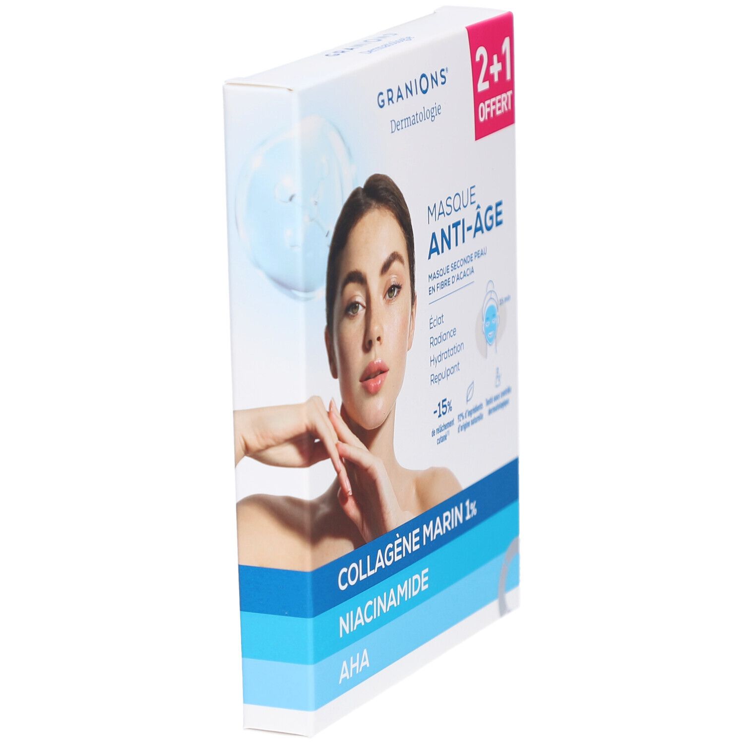 Boîte de masques anti-âge Granions en biais. Inscription : 2+1 offert. Contient Collagène Marin 1%, Niacinamide, AHA.