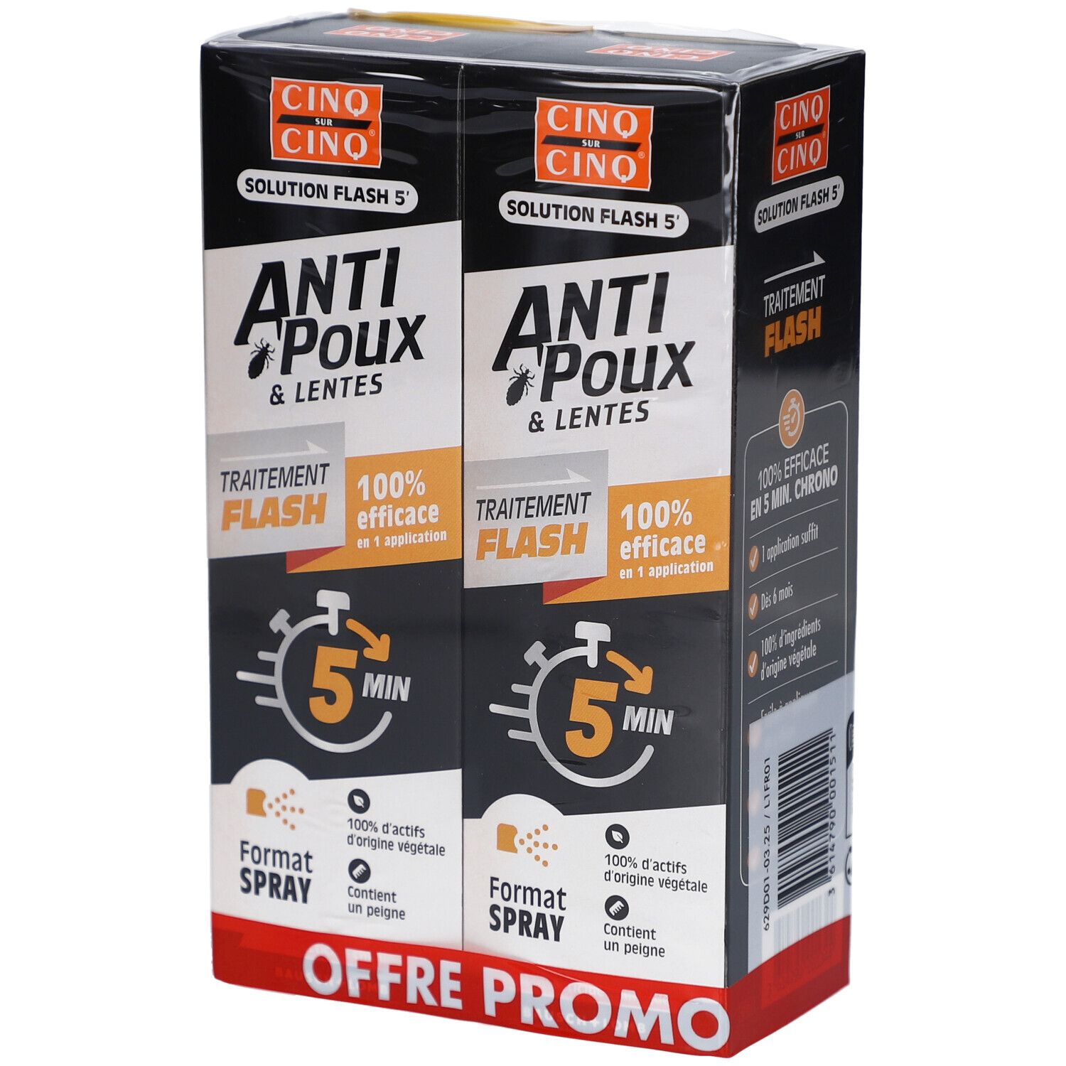 Boîte de CINQ SUR CINQ Anti-Poux & Lentes. Deux produits. Texte: Traitement Flash, 100% efficace en 5 min, Format Spray, Offre Promo.