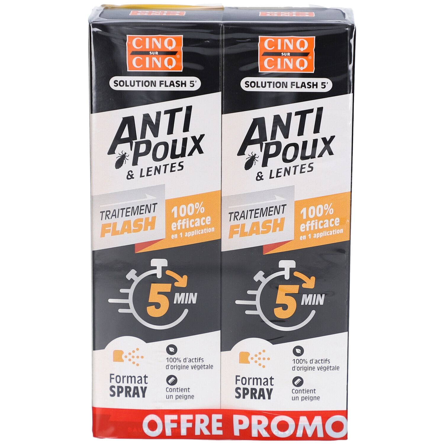 Boîte de Anti-Poux & Lentes. Deux produits. Texte: Traitement Flash, 100% efficace en 5 min, Format Spray, Offre Promo.