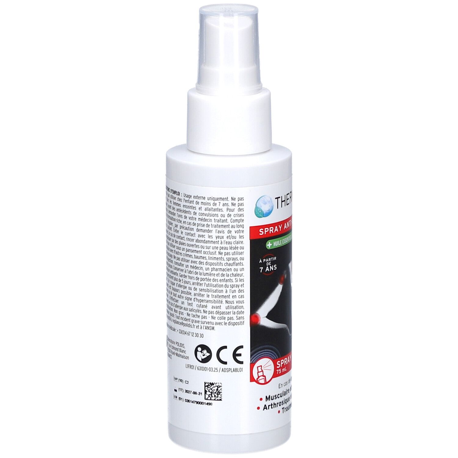 Witte spray met tekst. Achterkant met tekst en QR-code. CE-markering. Tekst: Spray Anti-Douleur.