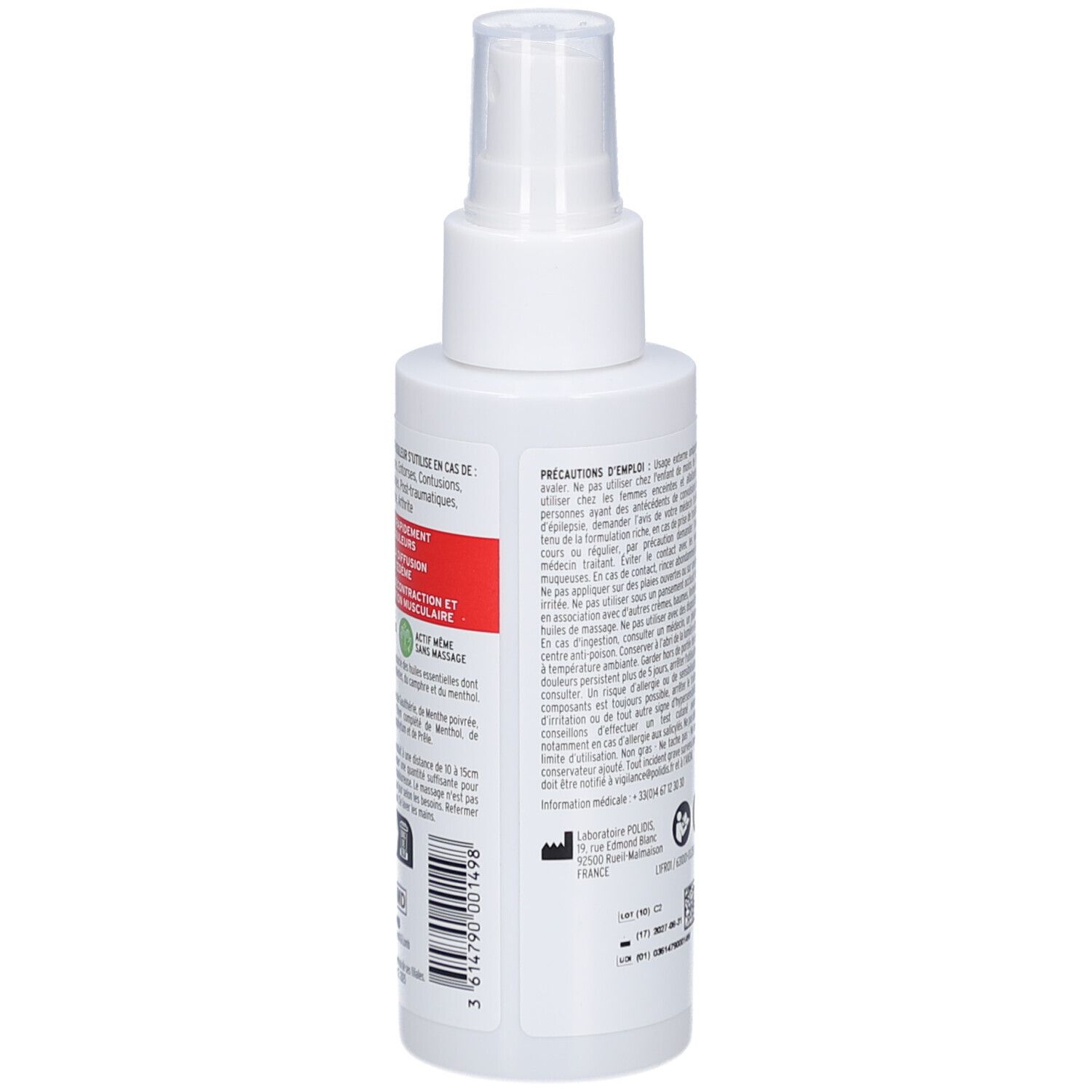 Witte spray. Achterkant met tekst. Tekst: Voorzorgsmaatregelen. Streepjescode en logo.