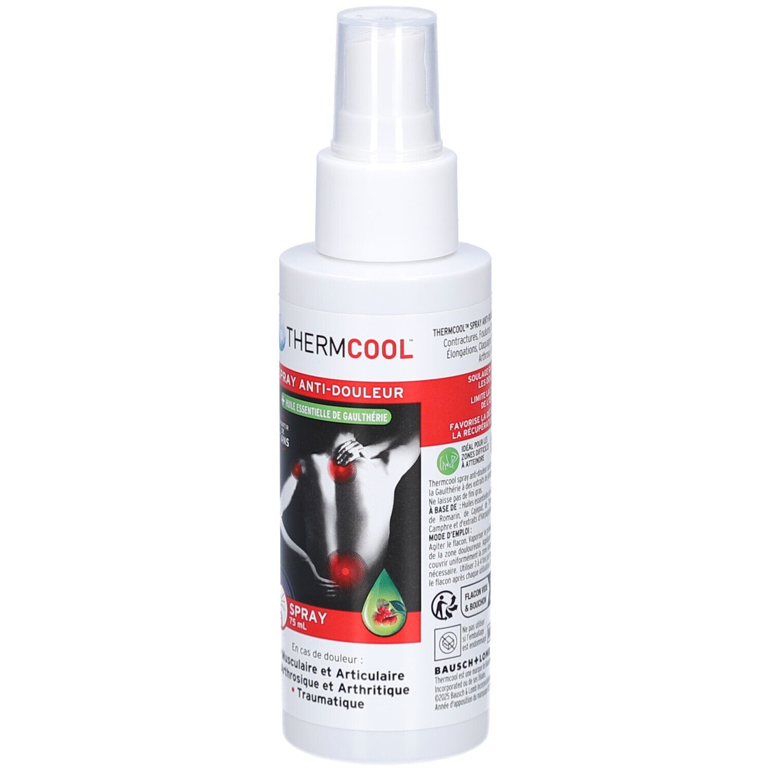 Witte THERMCOOL-spray. Illustratie van rug met pijnpunten. Tekst: Spray Anti-Douleur. Voor kinderen.