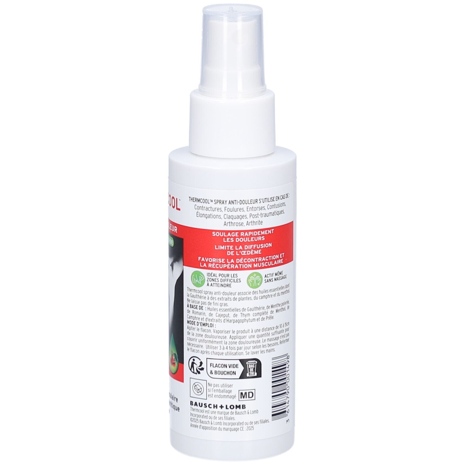 Witte spray met tekst. Achterkant met tekst. Tekst: Spray Anti-Douleur. Logo Bausch + Lomb.