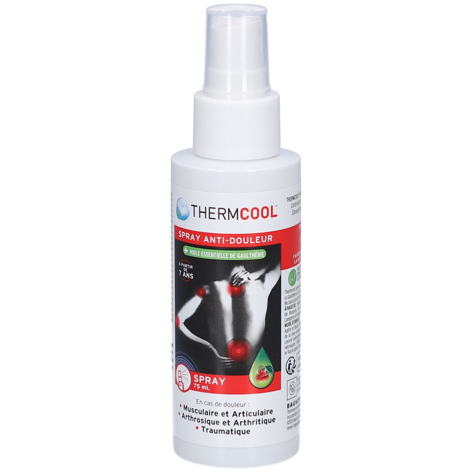 Wit THERMCOOL-spray. Illustratie van rug met pijnpunten. Tekst: Spray Anti-Douleur. Bevat Gaultheria.