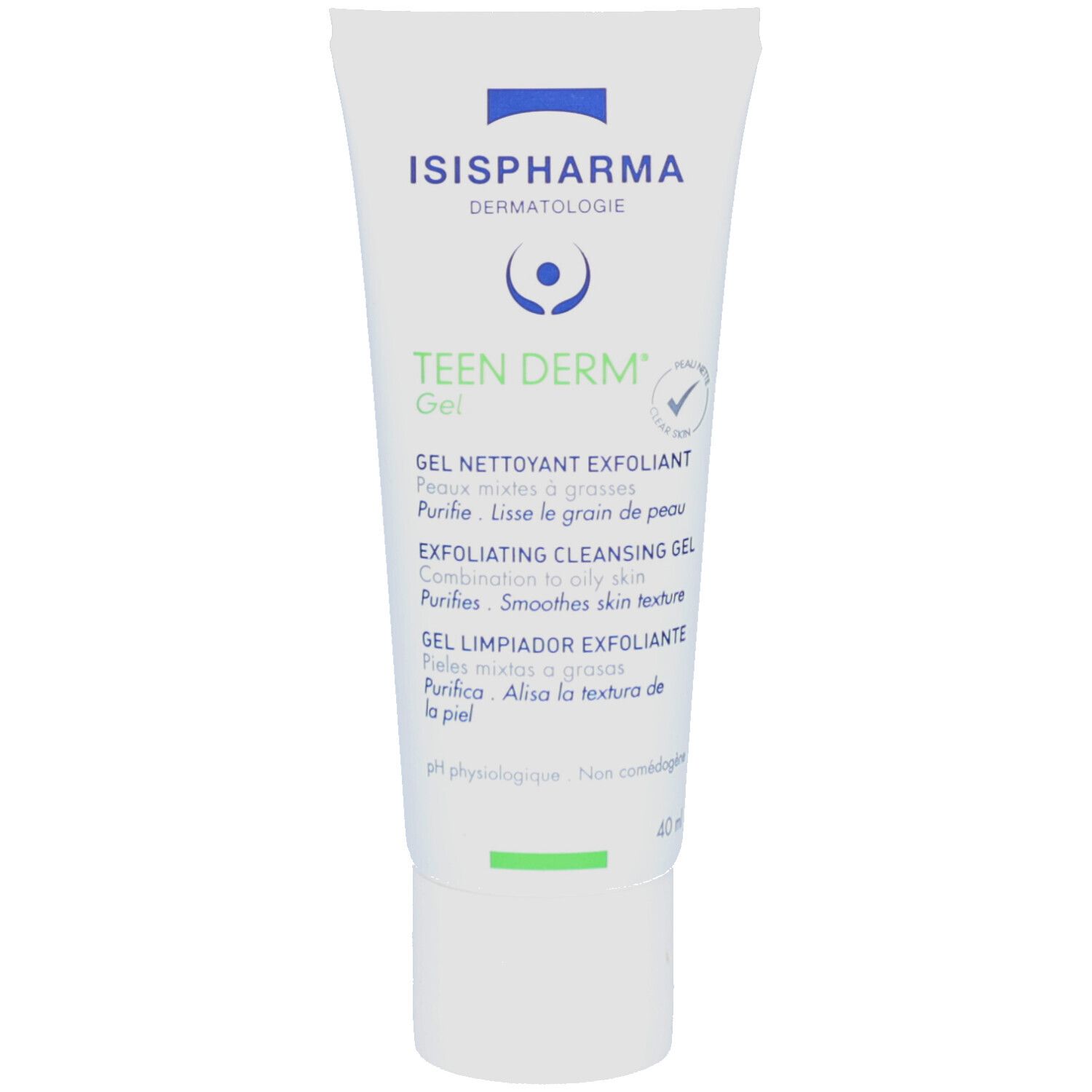 Witte tube met blauwe en groene belettering. Opschrift: ISISPHARMA, Teen Derm Gel. Bevat tekst in meerdere talen.
