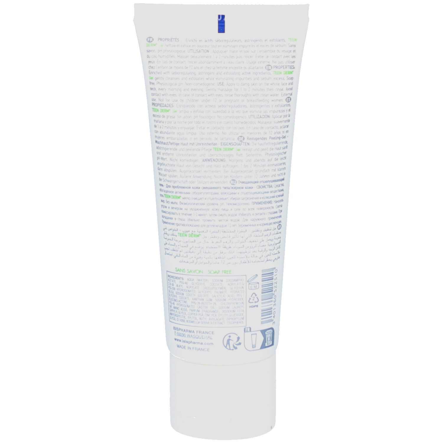 Achterkant van een witte tube. Bevat tekst in meerdere talen. Informatie over het product en ingrediënten.