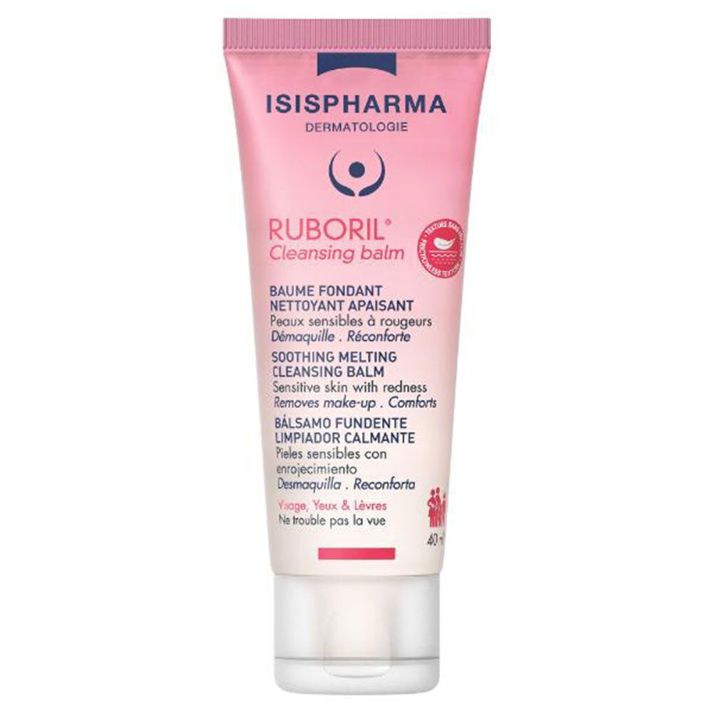 Roze tube met witte dop. Opschrift: ISISPHARMA, RUBORIL Cleansing balm. Tekst in meerdere talen.