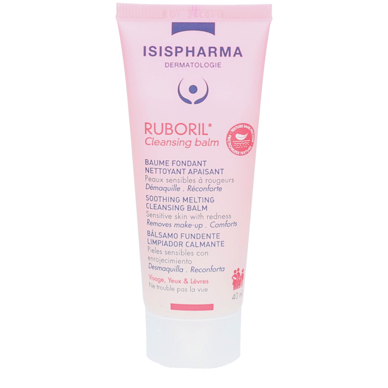 Roze tube met witte dop. Opschrift: ISISPHARMA, RUBORIL Cleansing balm. Tekst in meerdere talen.