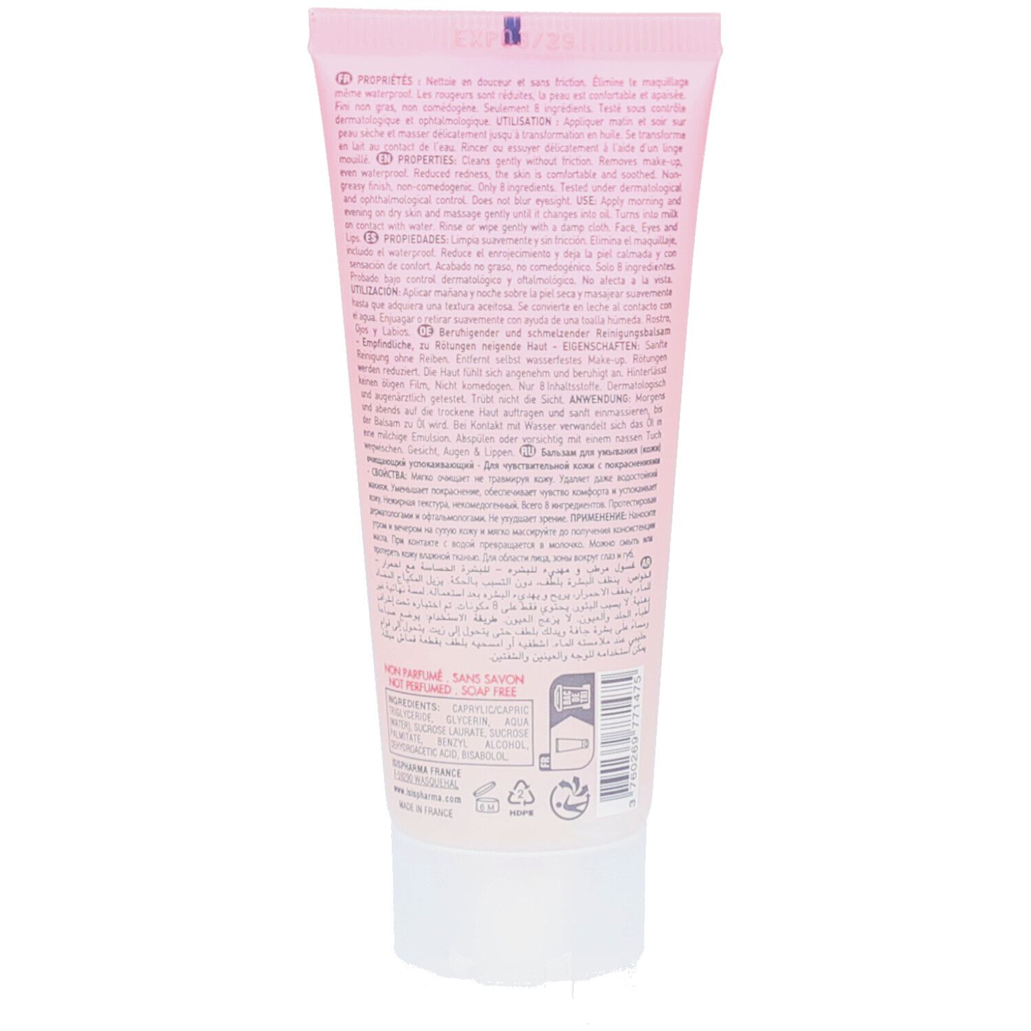 Achterkant van een roze tube met witte dop. Tekst in meerdere talen. Informatie en symbolen.