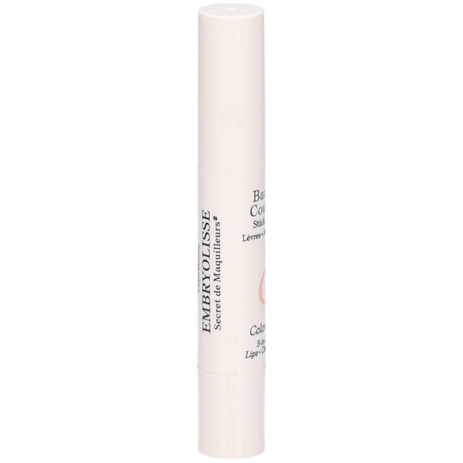 Witte lippenbalsem stick. Opschrift: EMBRYOLISSE, Baume Couleur Stick 3 en 1, kleur Rose Framboise.