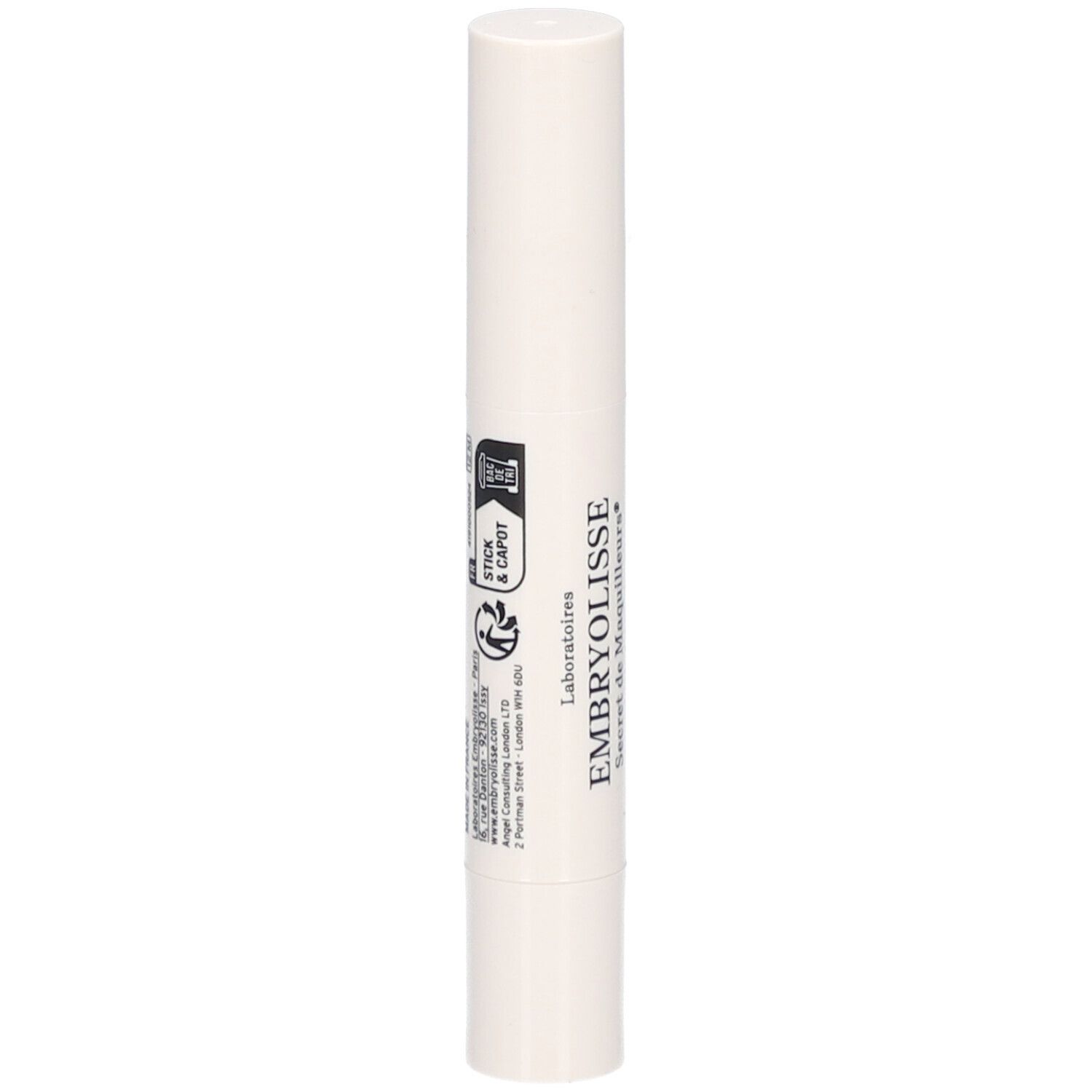 Witte lippenbalsem stick. Opschrift: EMBRYOLISSE, Baume Couleur Stick 3 en 1, kleur Rose Framboise. Met recyclagesymbolen.