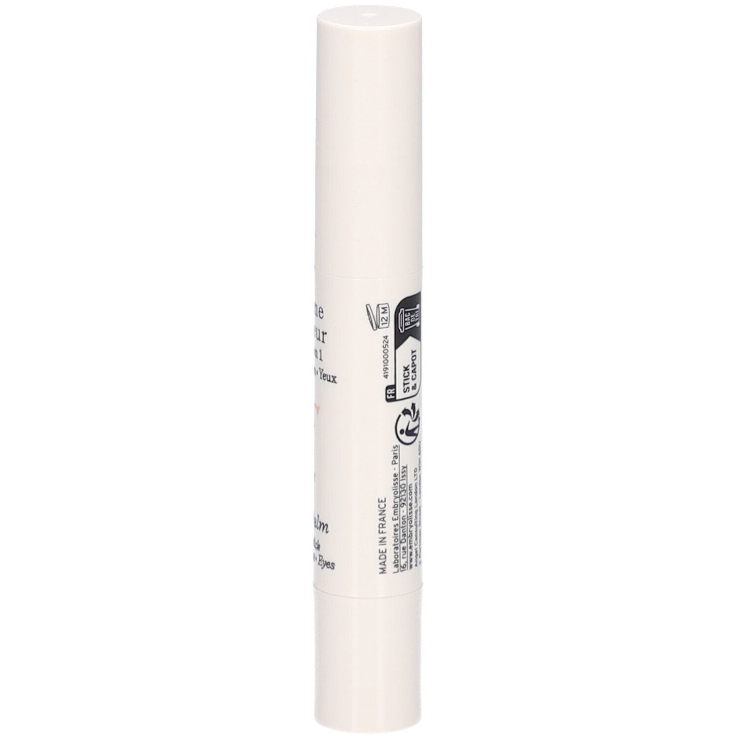 Witte lippenbalsem stick. Opschrift: EMBRYOLISSE, Baume Couleur Stick 3 en 1, kleur Rose Framboise. Met recyclagesymbolen.