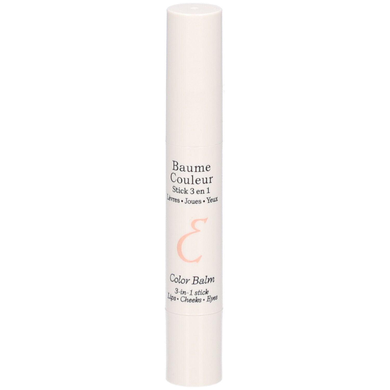 Witte lippenbalsem stick. Opschrift: Baume Couleur Stick 3 en 1, kleur Rose Framboise. Met logo.