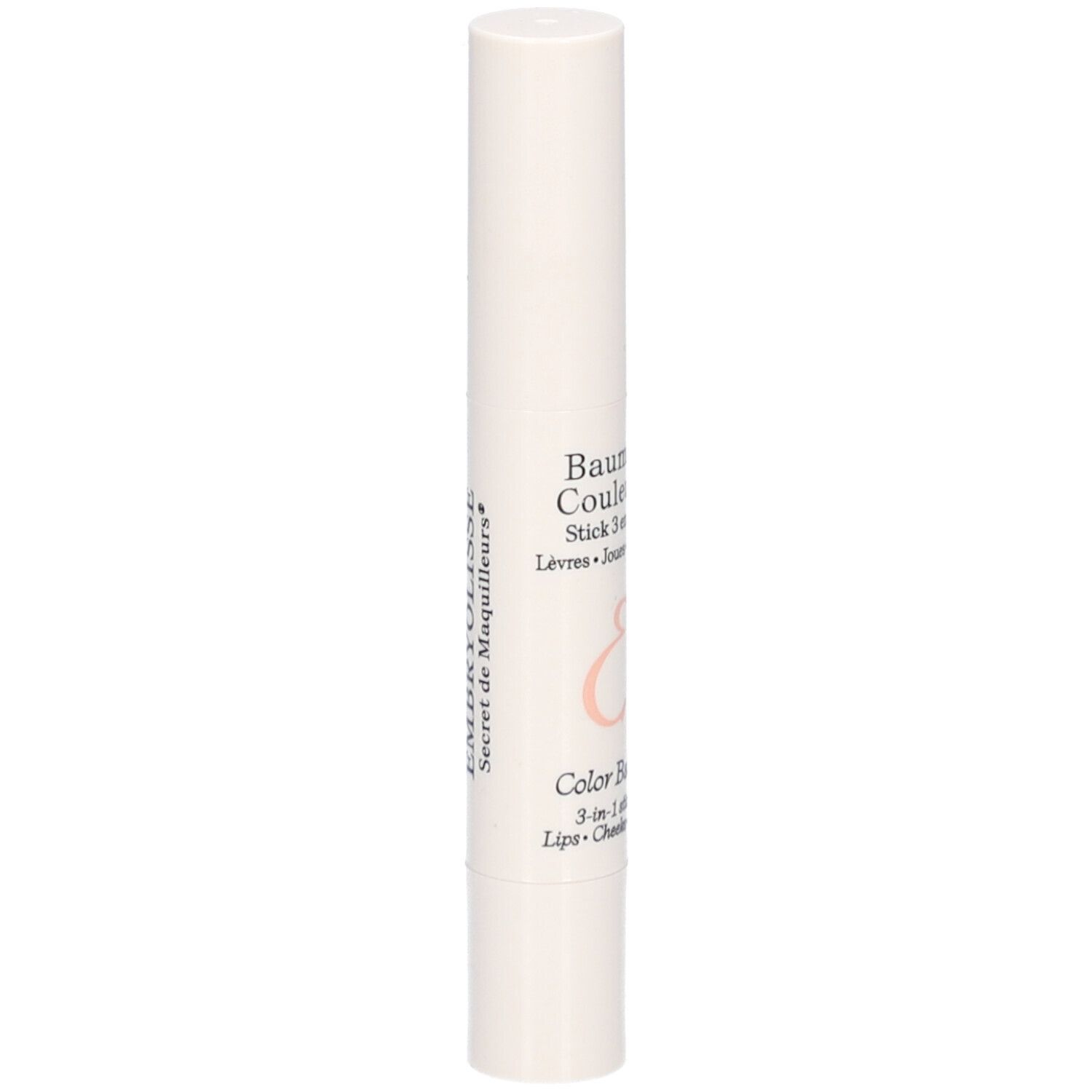 Witte lippenbalsem stick. Opschrift: Baume Couleur Stick 3 en 1, kleur Rose Framboise. Met logo.