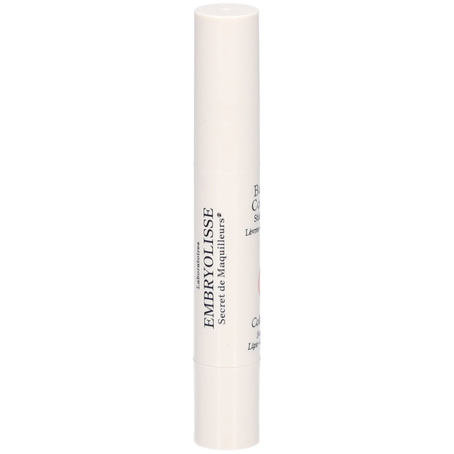 Witte lippenbalsem stick. Opschrift: EMBRYOLISSE, Baume Couleur Stick 3 en 1, kleur Rose Framboise.