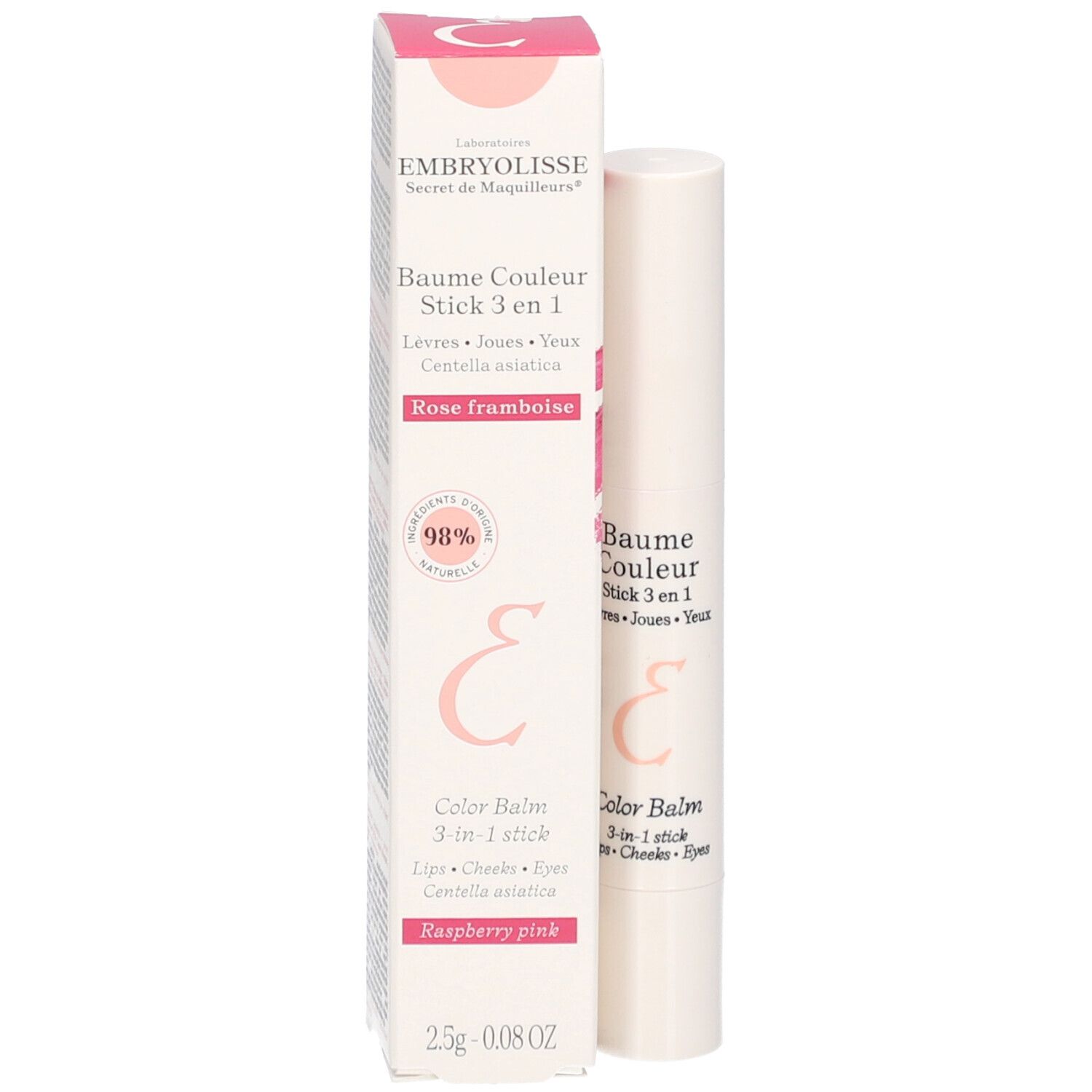 Productverpakking met lippenbalsem stick. Opschrift: EMBRYOLISSE, Baume Couleur Stick 3 en 1, Rose Framboise. Met logo en ingrediënten.