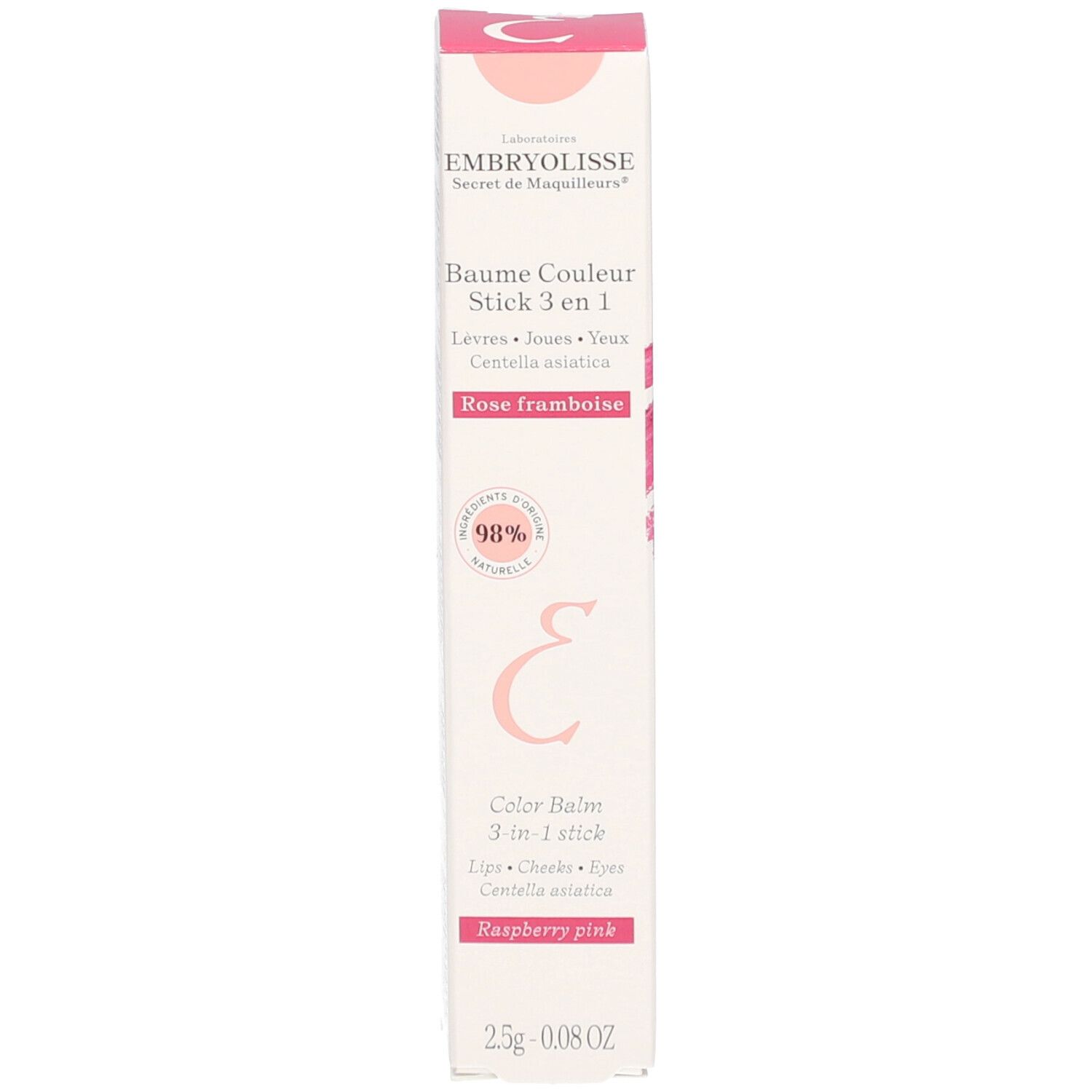 Productverpakking met lippenbalsem stick. Opschrift: EMBRYOLISSE, Baume Couleur Stick 3 en 1, Rose Framboise. Met logo en ingrediënten.