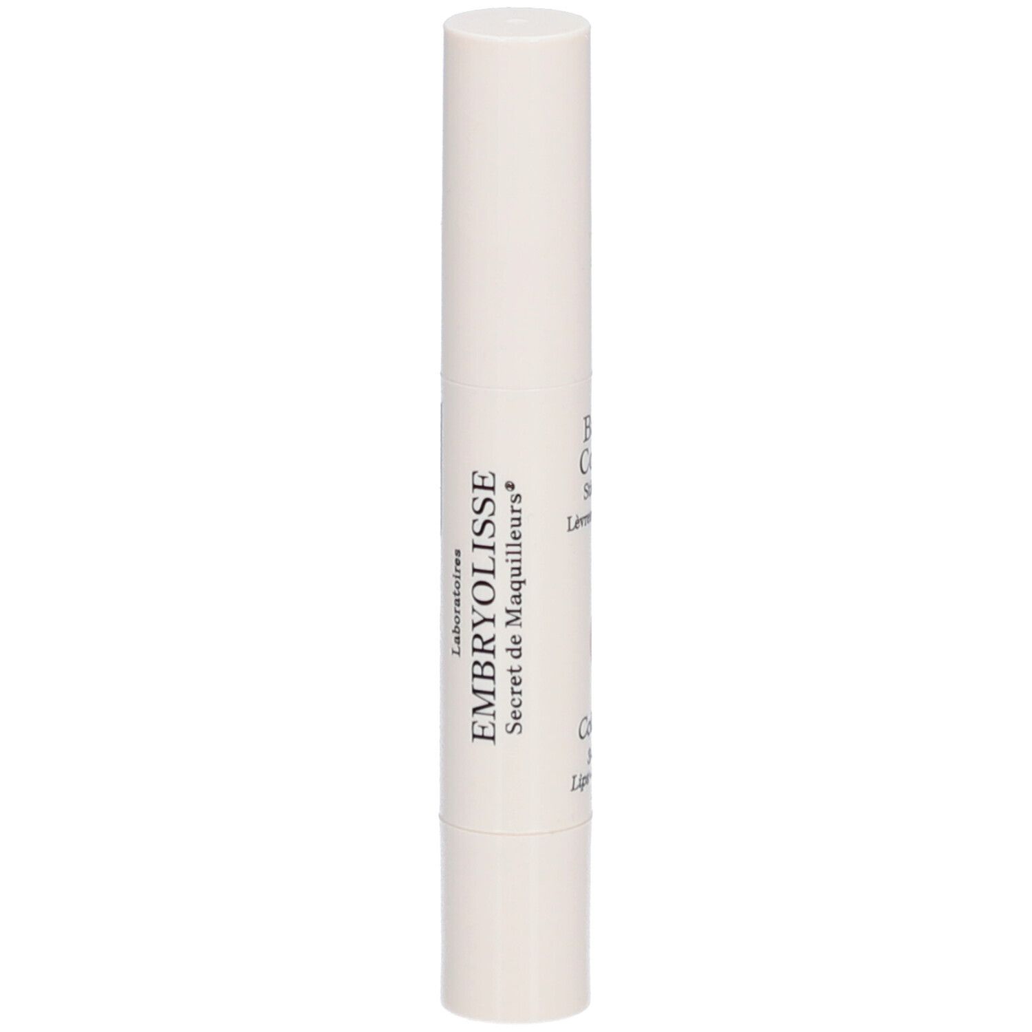 Witte stick met EMBRYOLISSE-tekst. Opschrift: Secret de Maquilleurs. Cilindervorm met afgeronde uiteinden.