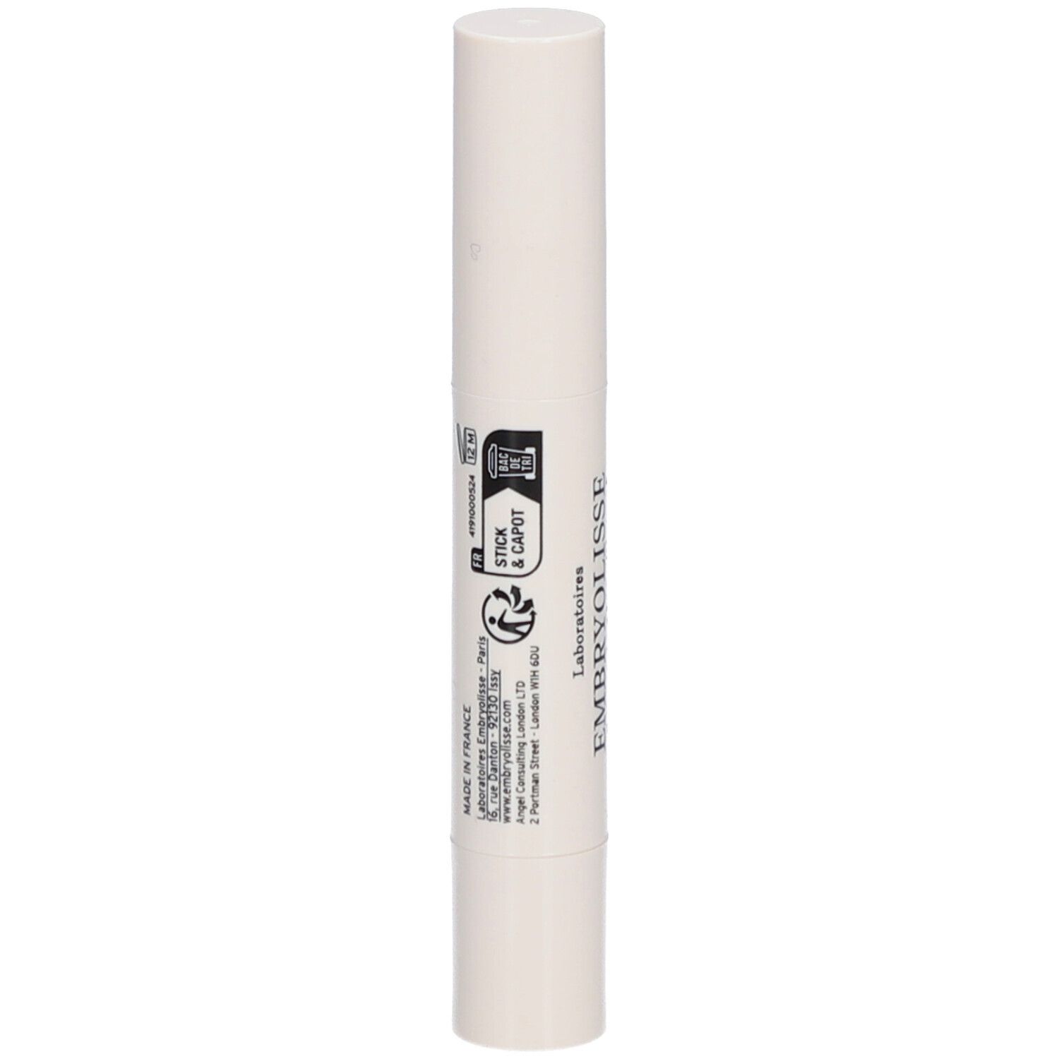 Witte stick met tekst en symbolen. Opschrift: EMBRYOLISSE. Cilindervorm met afgeronde uiteinden. Met Stick & Capot.