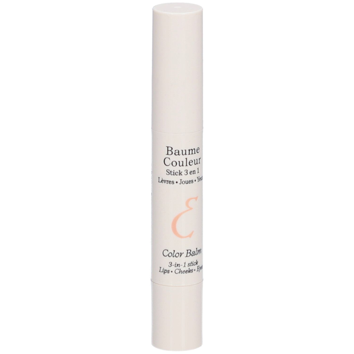 Witte stick met tekst. Opschrift: Baume Couleur Stick 3 en 1. Lippen, Wangen, Ogen. Cilindervorm met afgeronde uiteinden.