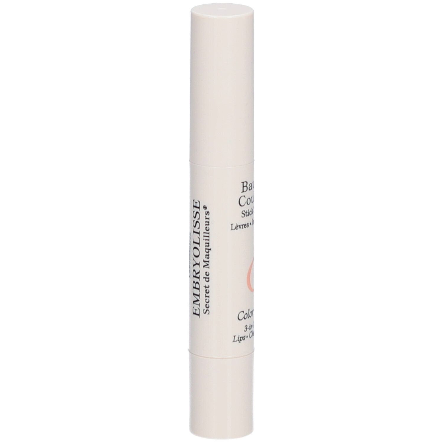 Witte stick met tekst. Opschrift: EMBRYOLISSE Secret de Maquilleurs. Baume Couleur Stick 3 en 1. Cilindervorm met afgeronde uiteinden.