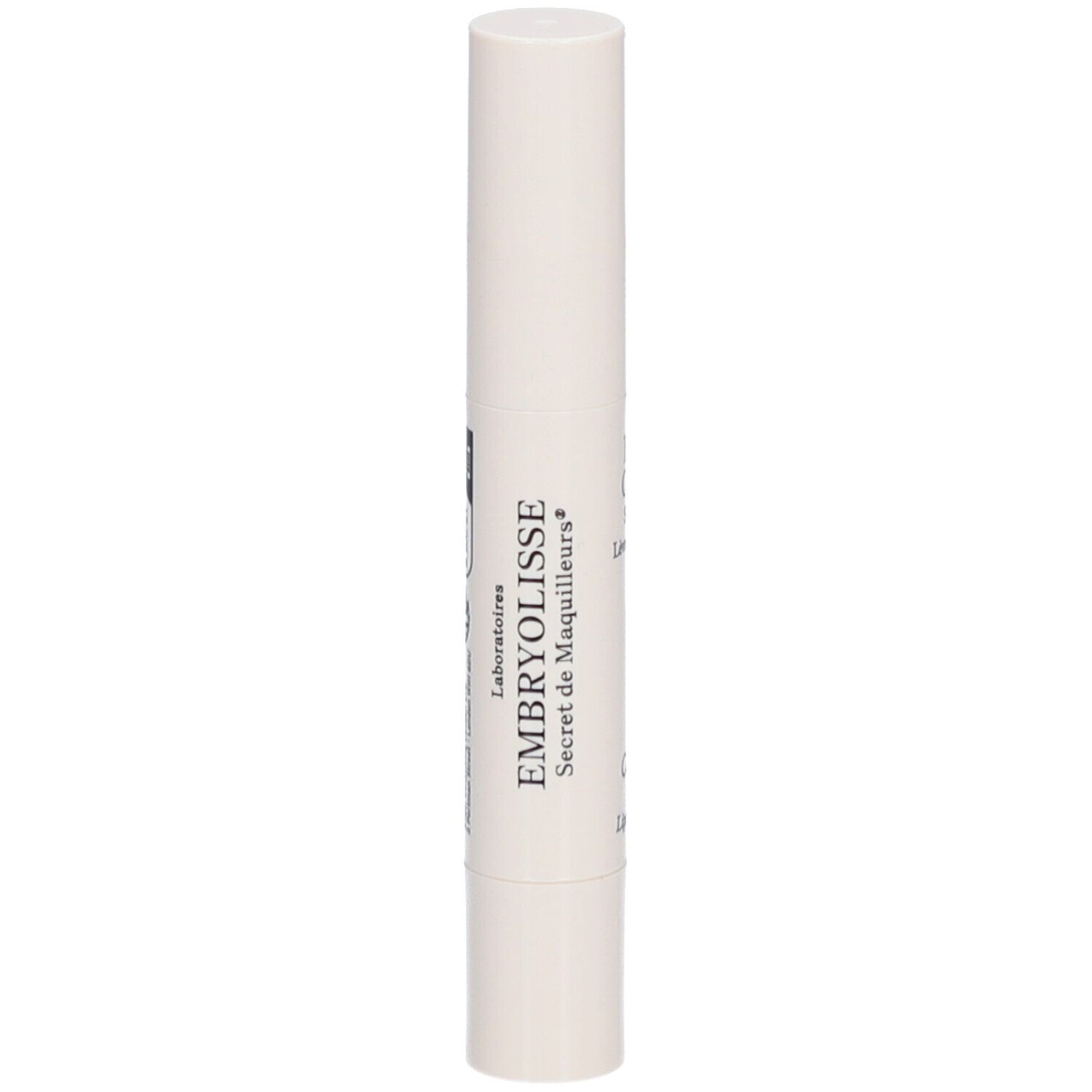 Witte stick met tekst. Opschrift: EMBRYOLISSE Secret de Maquilleurs. Cilindervorm met afgeronde uiteinden.