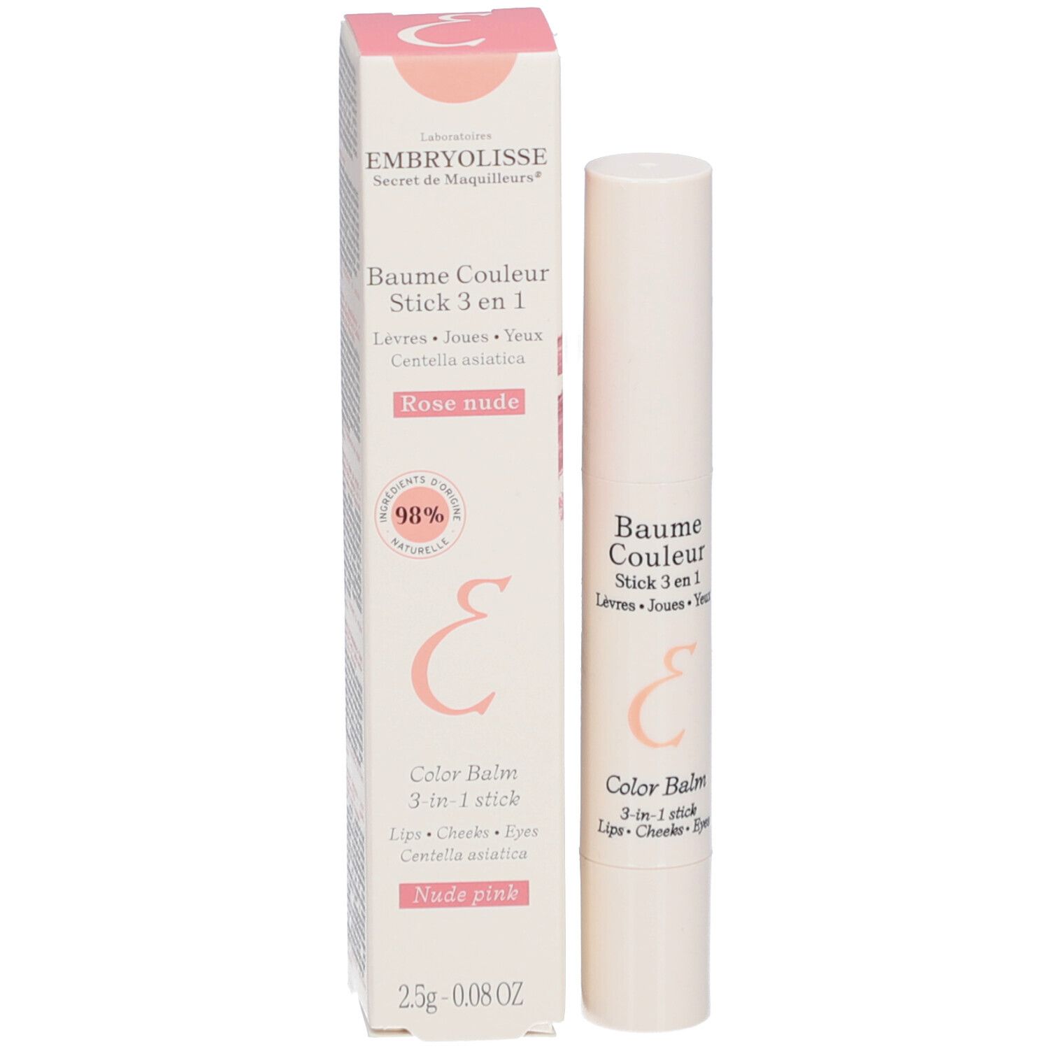 Verpakking en stick. Verpakking: roze-wit, tekst: Baume Couleur Stick 3 en 1. Stick: wit, tekst: Baume Couleur 3 en 1.