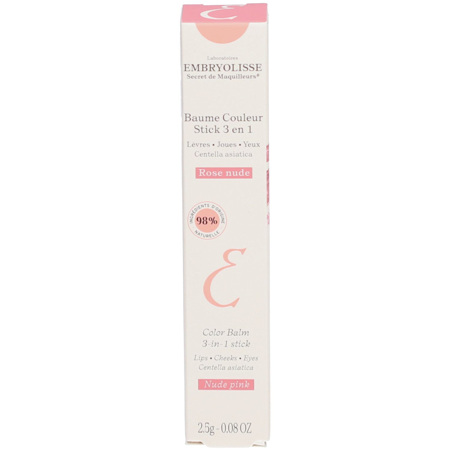 Productverpakking. Roze-witte verpakking. Tekst: Baume Couleur Stick 3 en 1. Tekst: Rose nude, Nude pink. 2,5 g - 0,08 oz.