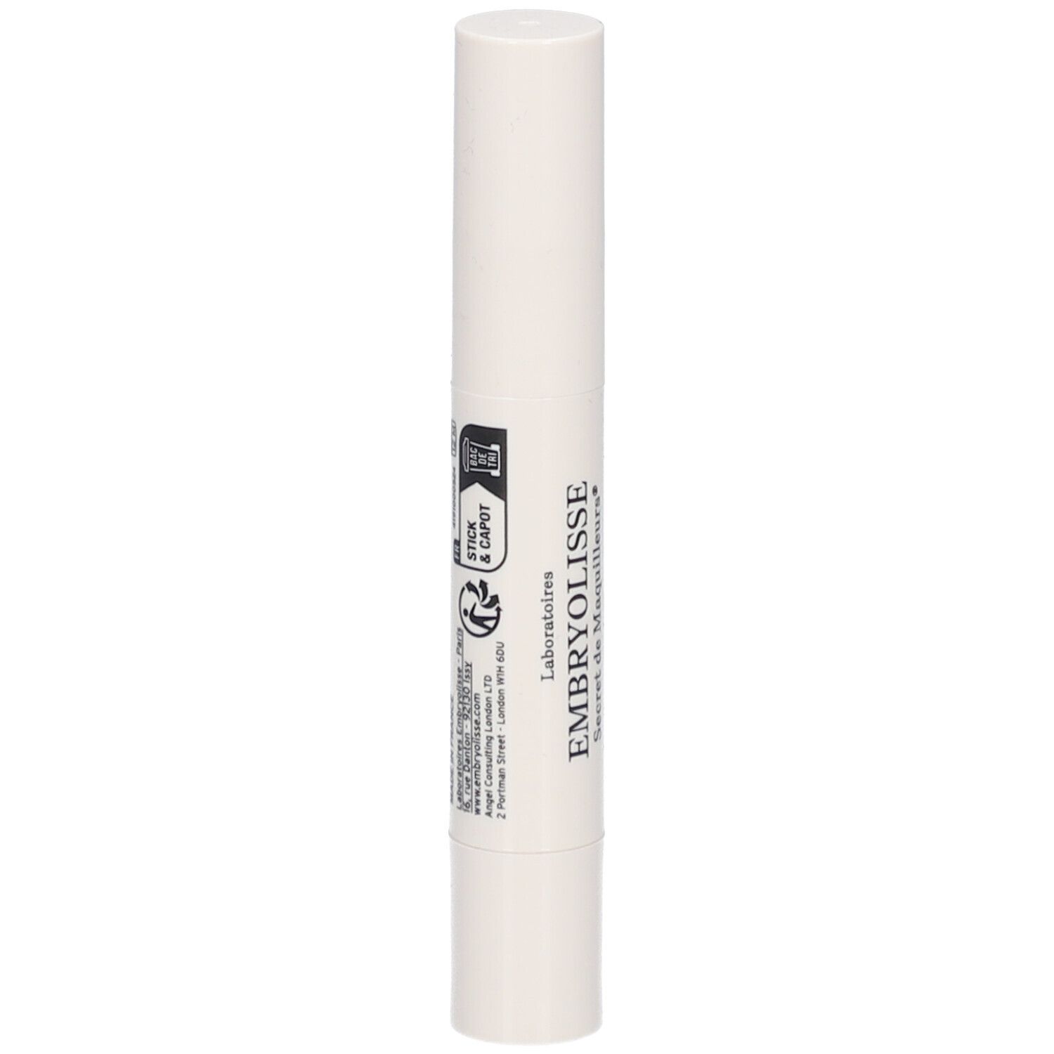 Witte stick met tekst en logo's. Details in het Frans. Met recyclingsymbolen.