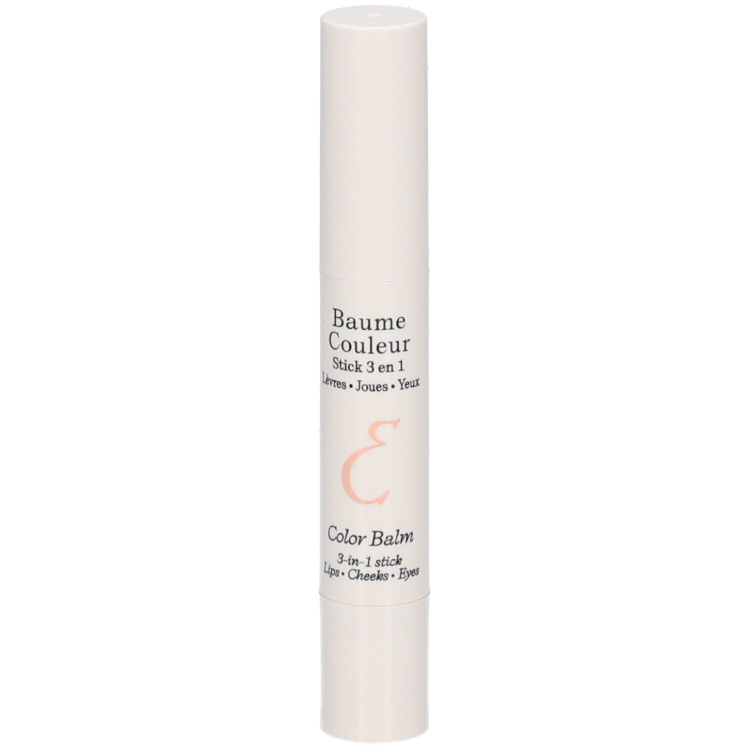 Witte stick met productnaam en details in het Frans. Met roze 'E'-logo.