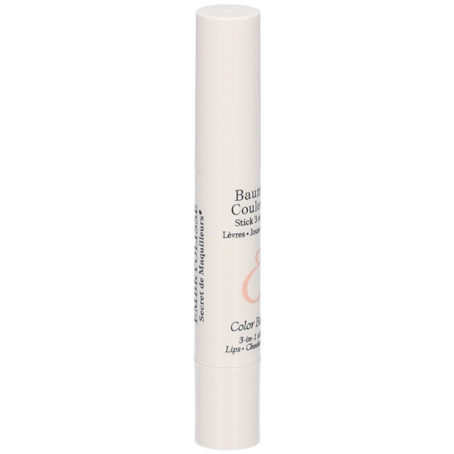 Witte stick met productnaam en details in het Frans. Met roze 'E'-logo.