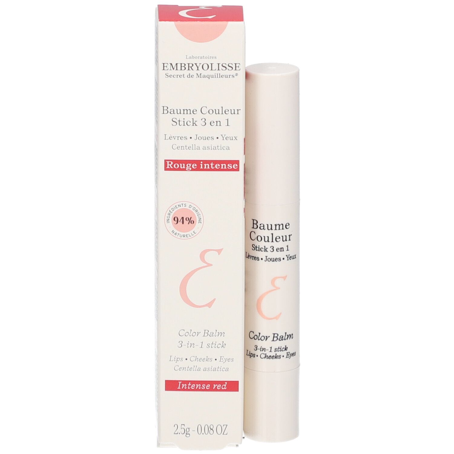 Product en verpakking. Witte stick en doos. Rode tekst: Rouge Intense. 94% natuurlijk.