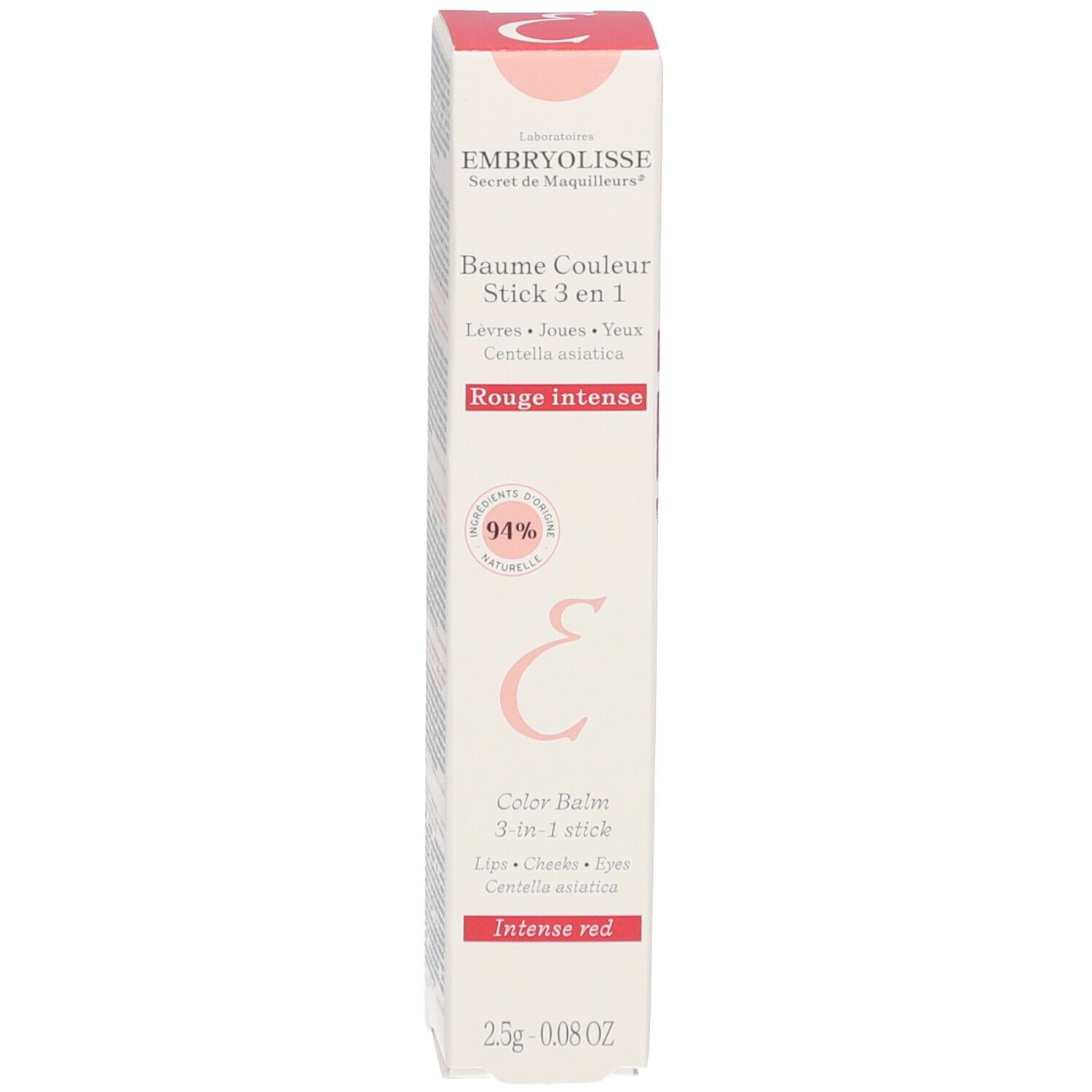 Product en verpakking. Witte stick en doos. Rode tekst: Rouge Intense. 94% natuurlijk.