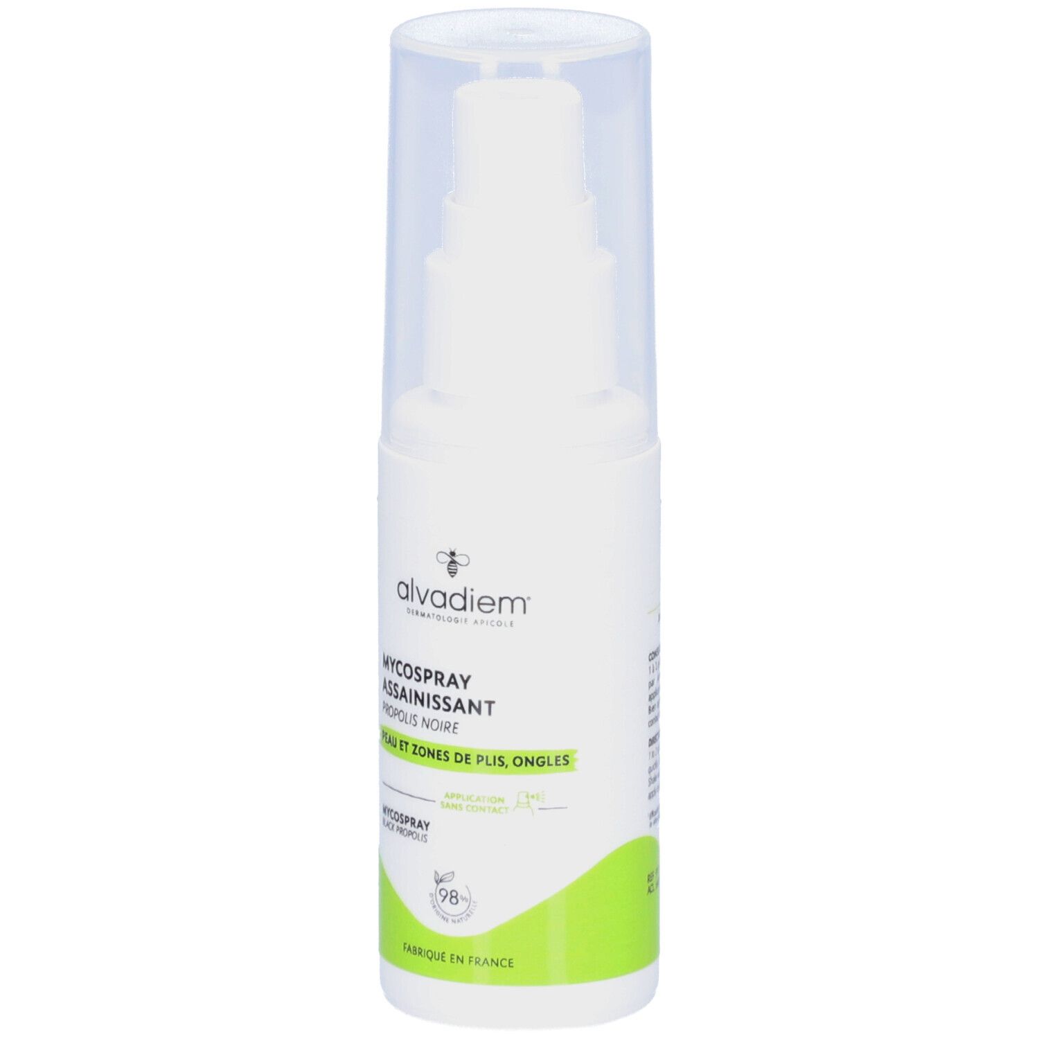 Witte spray met transparante dop. Opschrift: alvadiem, MYCOSPRAY ASSAINISSANT, PROPOLIS NOIR, PEAU ET ZONES DE PLIS, ONGLES.