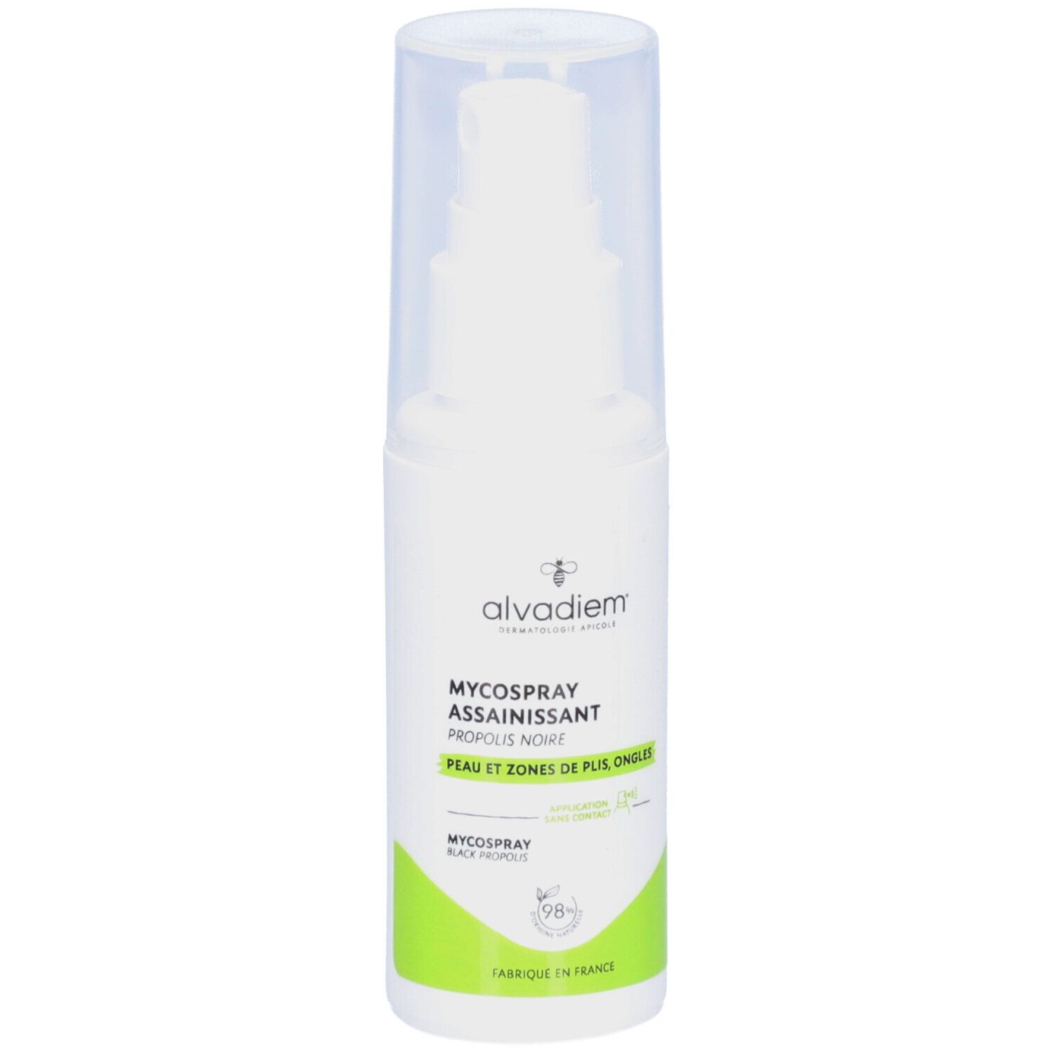 Witte spray met transparante dop. Opschrift: alvadiem, MYCOSPRAY ASSAINISSANT, PROPOLIS NOIR, PEAU ET ZONES DE PLIS, ONGLES.