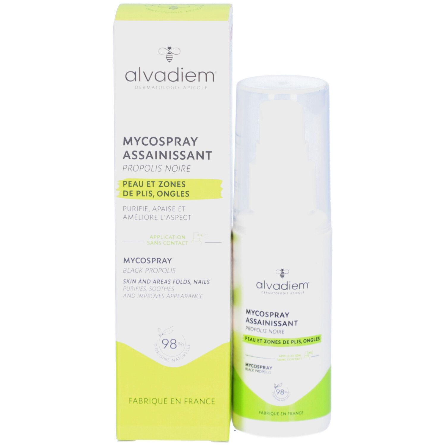 Product en verpakking. Opschrift: alvadiem, MYCOSPRAY ASSAINISSANT, PROPOLIS NOIR, PEAU ET ZONES DE PLIS, ONGLES. Groene en gele elementen.