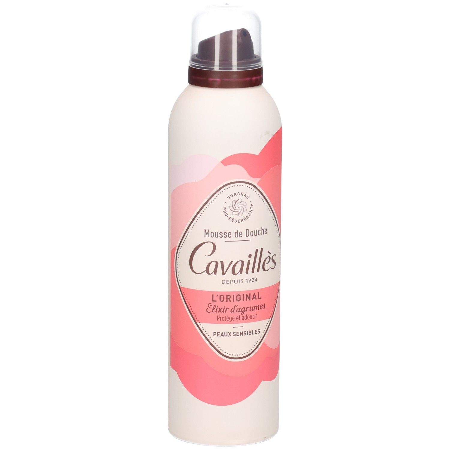 Wit-roze fles met verstuiver. Opschrift: Mousse de Douche, Cavaillès, L'ORIGINAL, Elixir d'agrumes, Peaux sensibles.