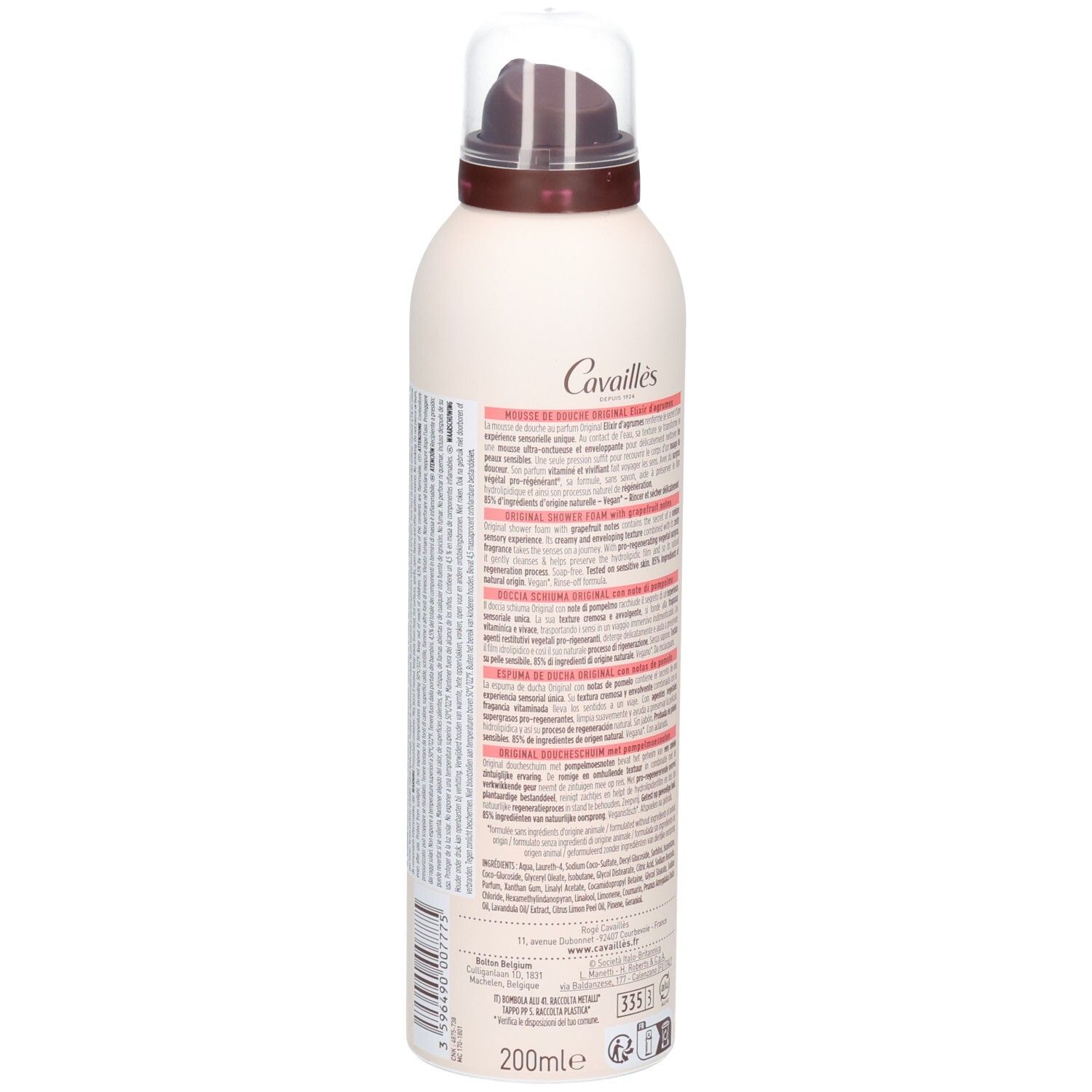 Achterkant van de fles. Tekst in het Frans. 200ml. Informatie over het product.