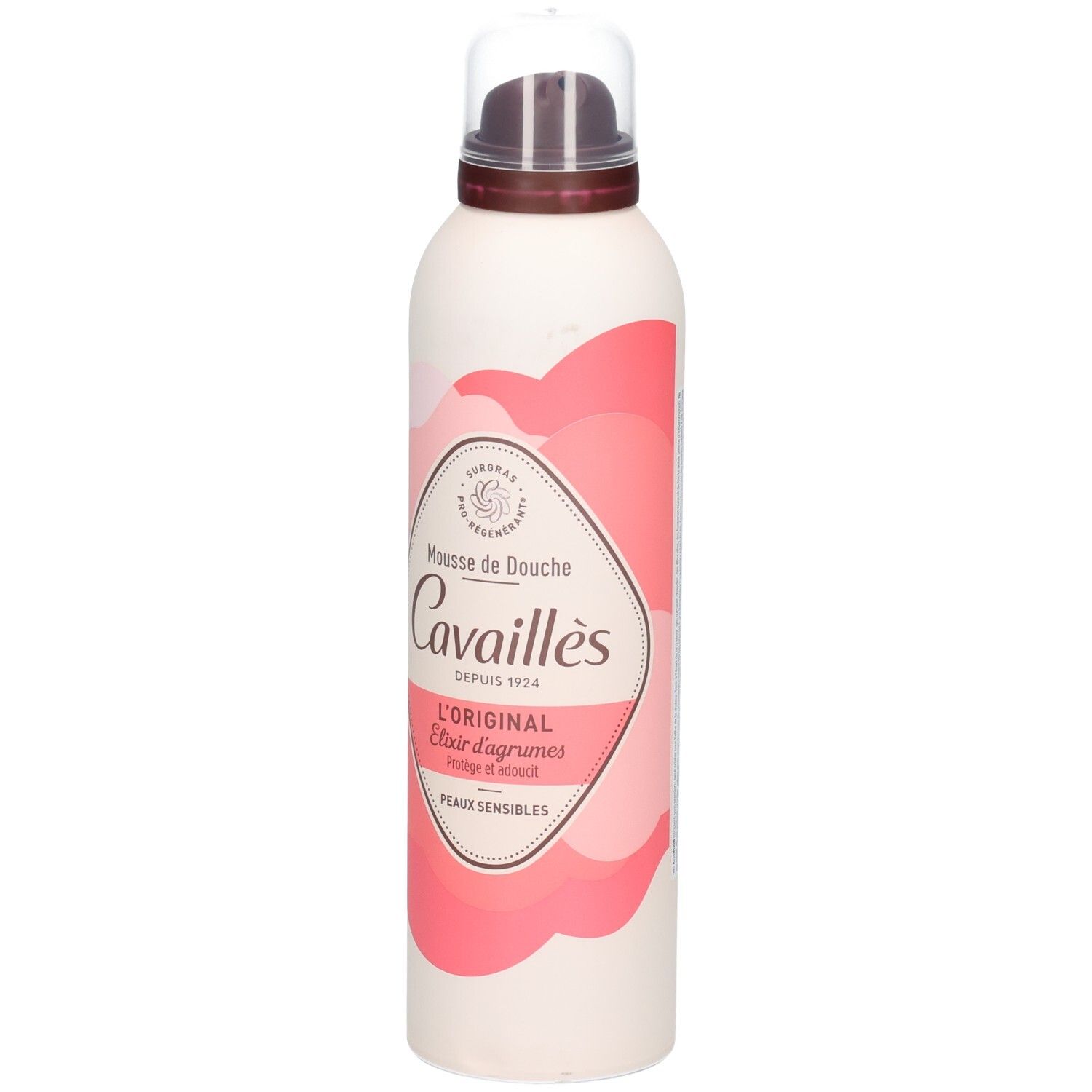 Wit-roze fles met verstuiver. Opschrift: Mousse de Douche, Cavaillès, L'ORIGINAL, Elixir d'agrumes, Peaux sensibles.