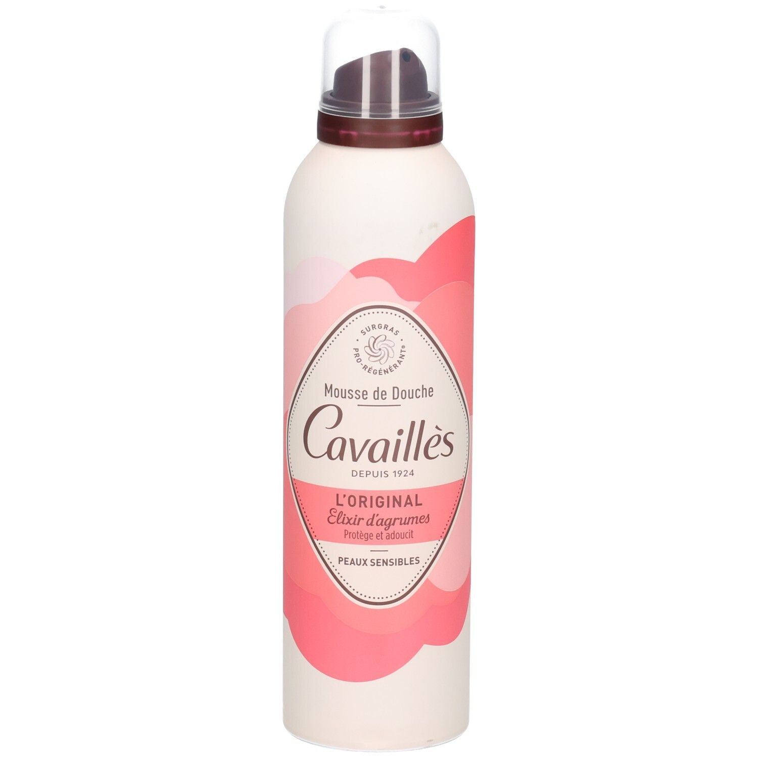 Wit-roze fles met verstuiver. Opschrift: Mousse de Douche, Cavaillès, L'ORIGINAL, Elixir d'agrumes, Peaux sensibles.
