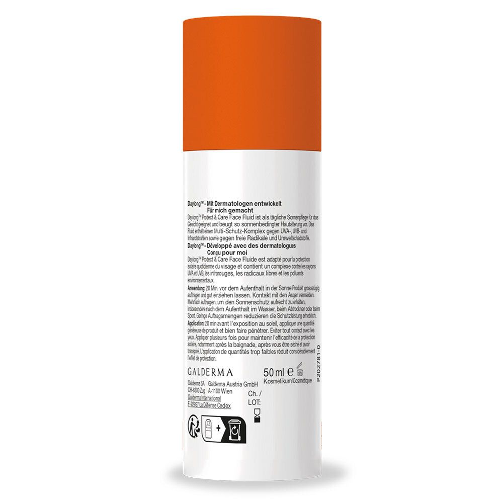 Dos du flacon Daylong Face. Texte multilingue. Informations fabricant et numéro de lot. 50ml.