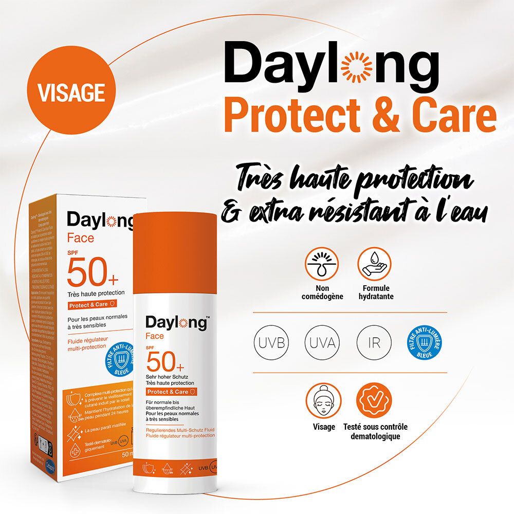 Publicité avec flacon et emballage Daylong Face SPF 50+. Texte: Protect & Care, Très haute protection & extra résistant à l'eau. Non comédogène.