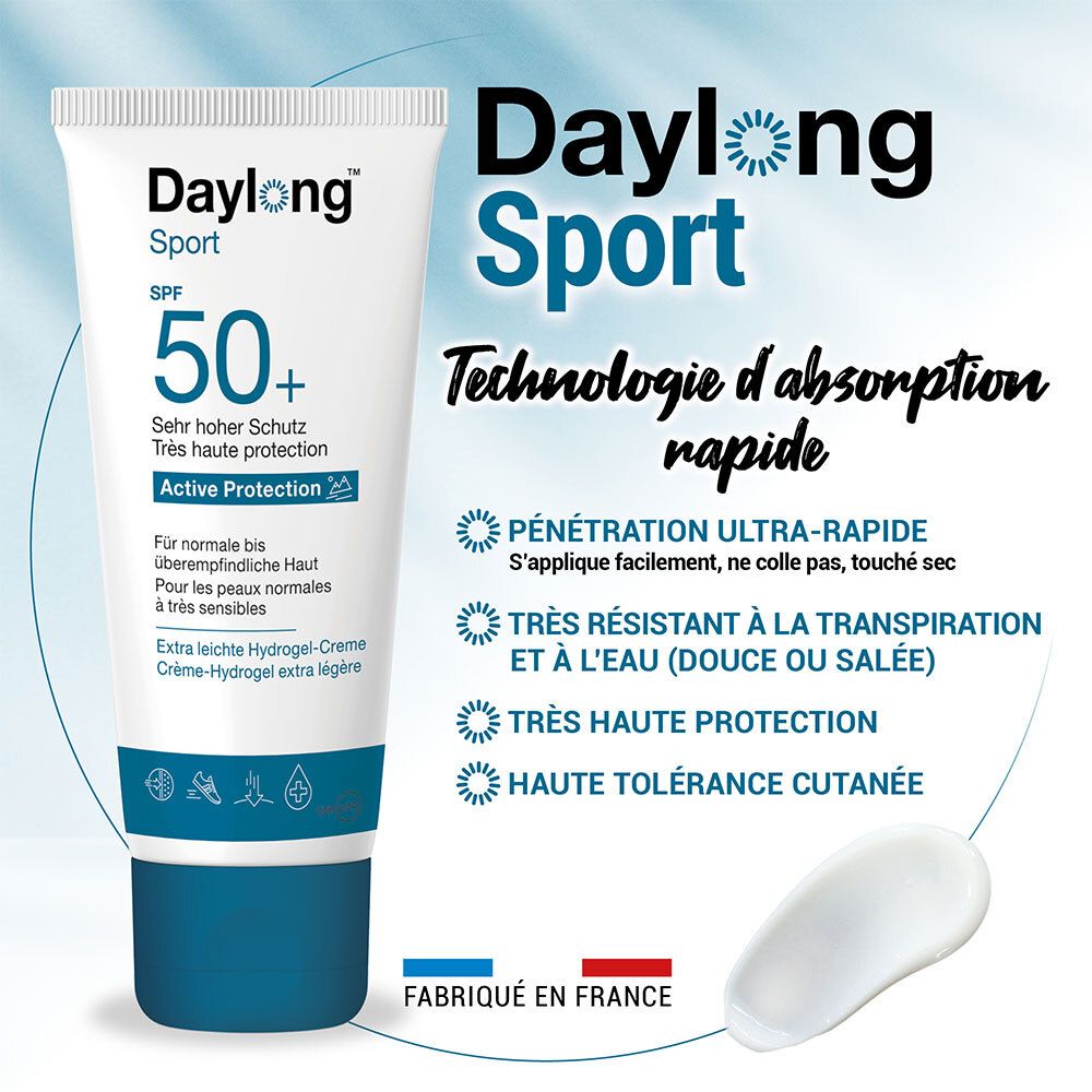 Productafbeelding met tekst. Daylong Sport, SPF 50+. Technologie d'absorption rapide. Crème-hydrogel.