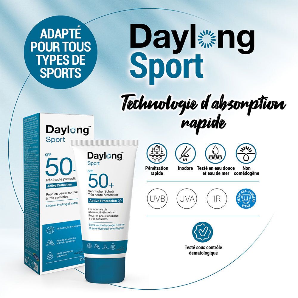 Product met verpakking. Daylong Sport SPF 50+. Geschikt voor alle sporten. Dermatologisch getest.