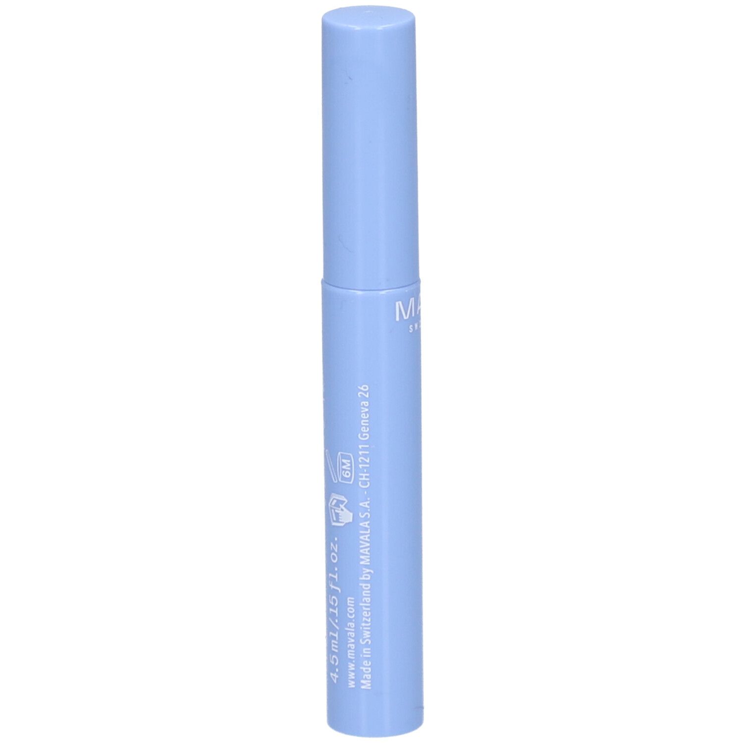 Lichtblauw serum. Cilindrische vorm met schroefdop. Merk, volume en plaats van fabricage.