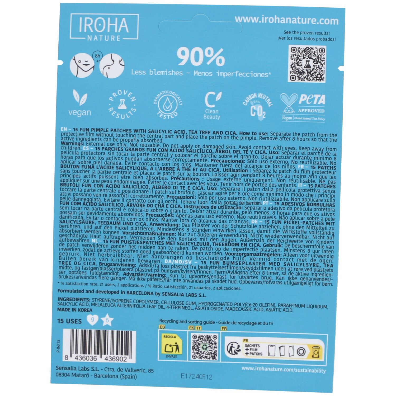 Achterkant van de verpakking IROHA NATURE FUN PIMPLE PATCHES. Tekstinformatie, logo's en recyclinginstructies. Vegan keurmerk.