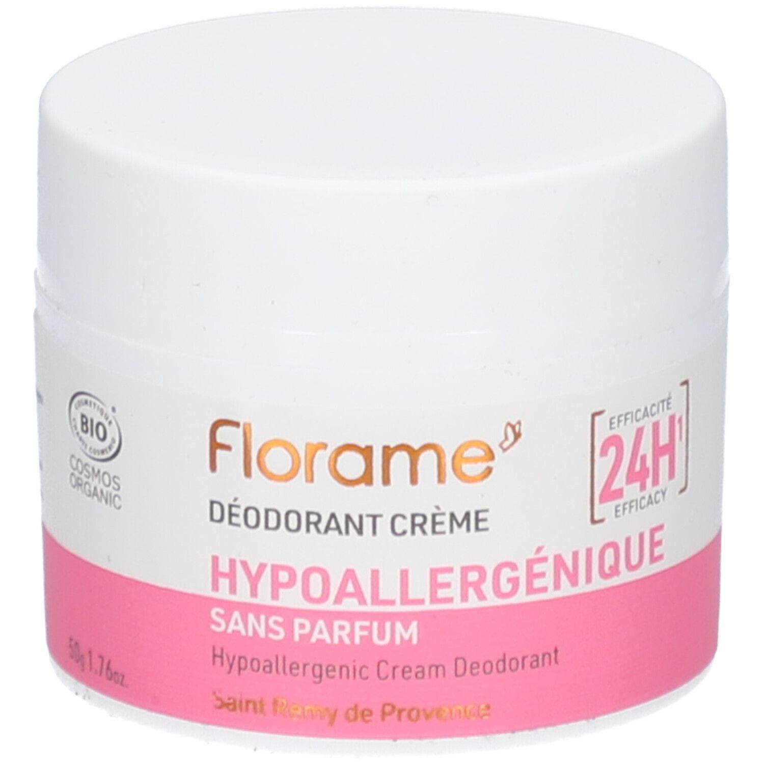 Witte pot met roze etiket. Opschrift: FLORAME, Déodorant Crème, Hypoallergénique, Sans Parfum. Bio-certificering.