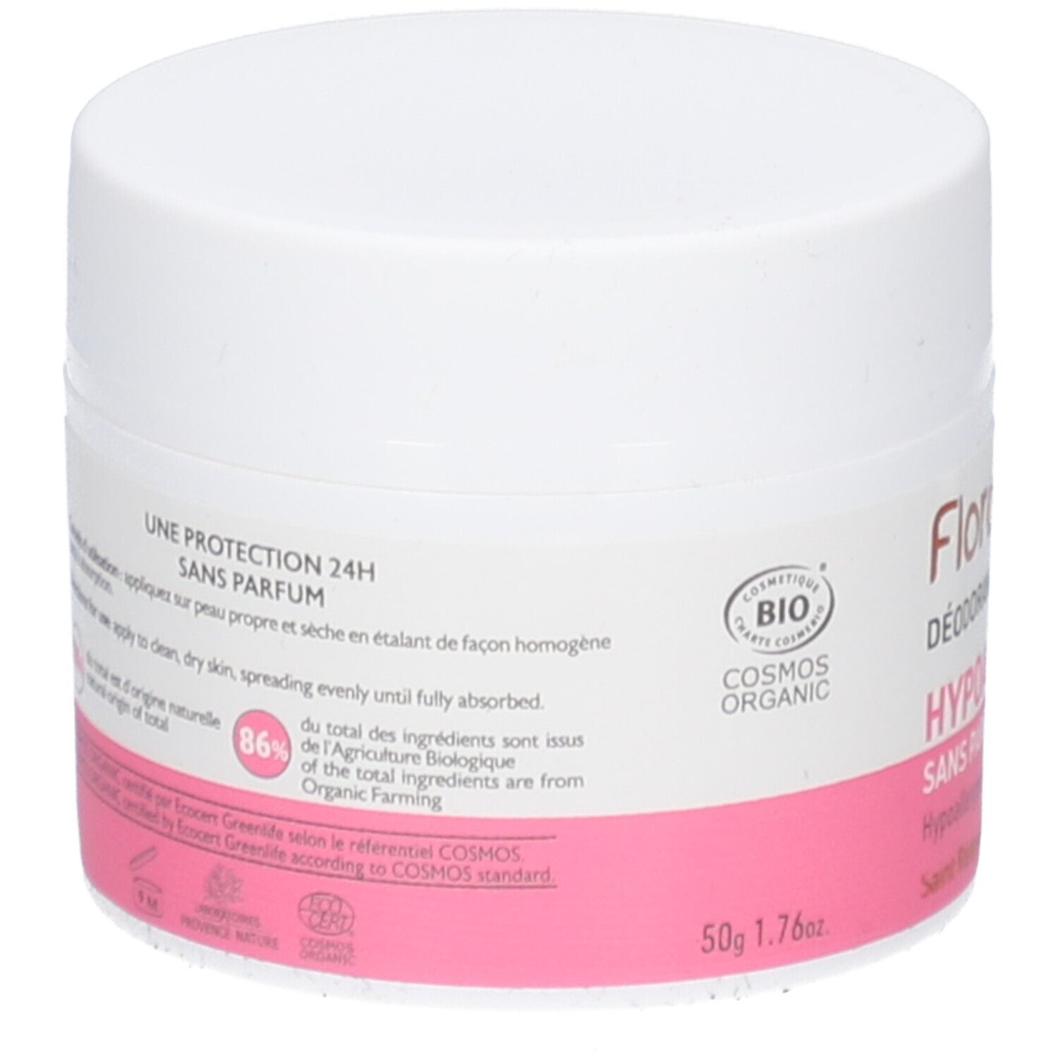 Witte pot met roze etiket. Tekst: Une protection 24H Sans Parfum. 86% van de ingrediënten uit biologische landbouw.