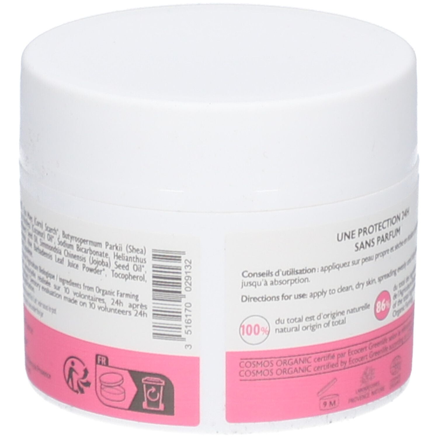 Witte pot met roze etiket. Opschrift: Ingrediënten, gebruiksaanwijzing. 100% natuurlijke ingrediënten, 86% bio.